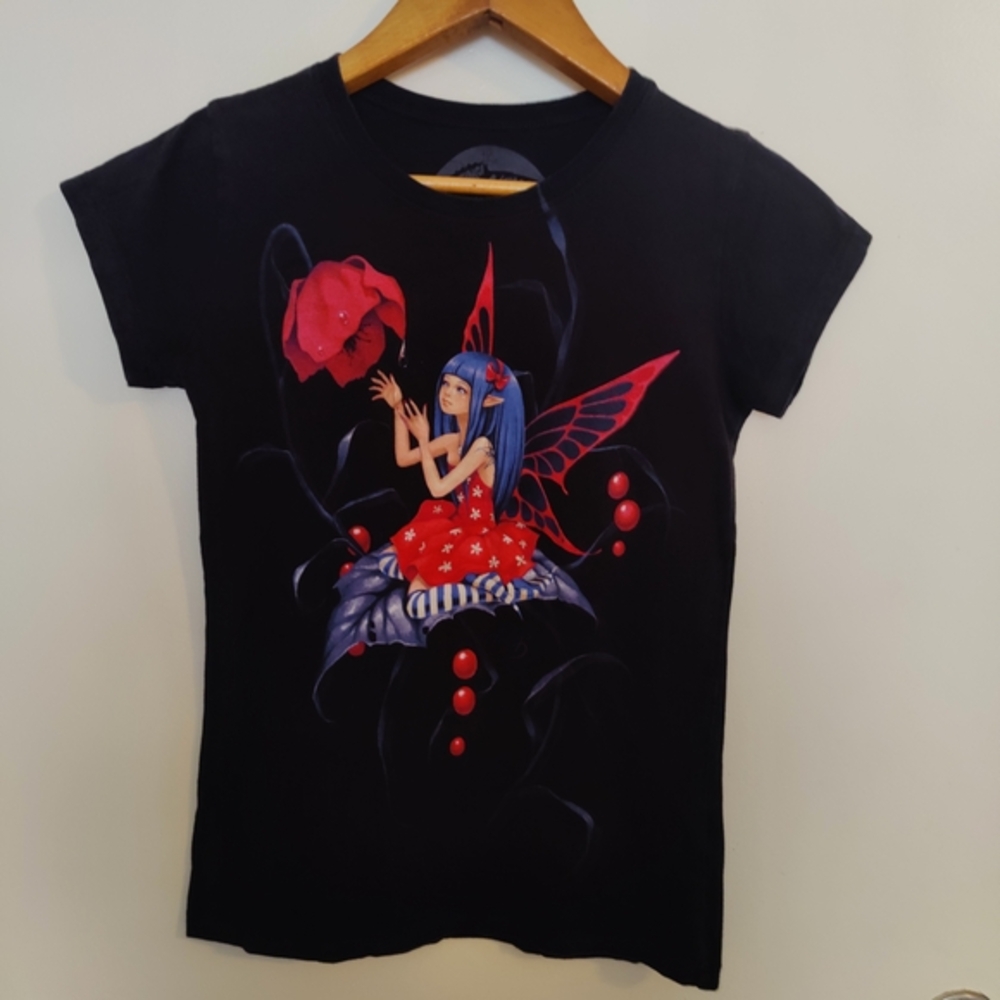 Vintage Y2K Hot Topic Trick Fairy Black and Red Graphic Tee Goth Emo Whimsygoth